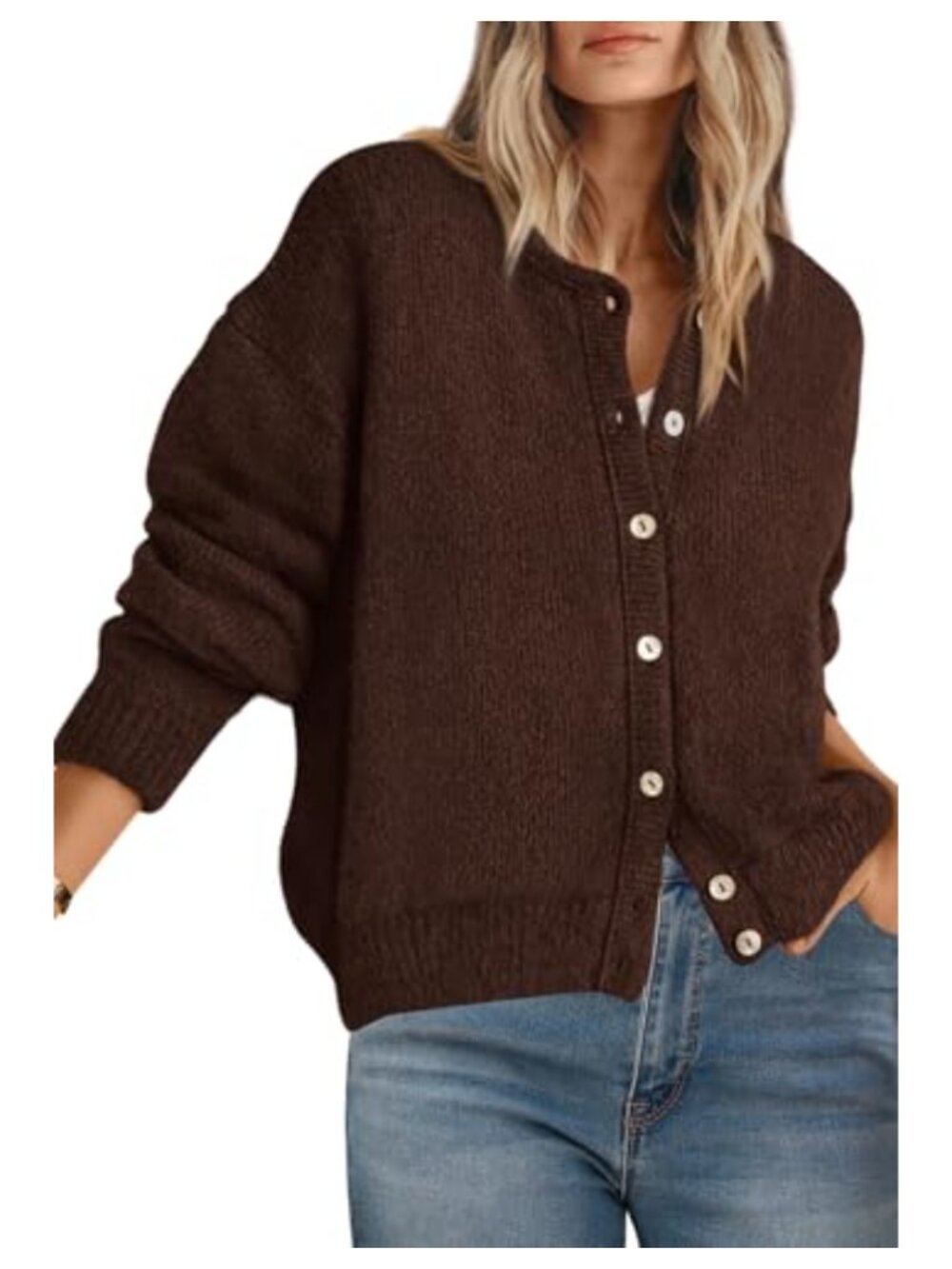Long Sleeve Crewneck Button Down Chunky Knit Cardigan Sweater